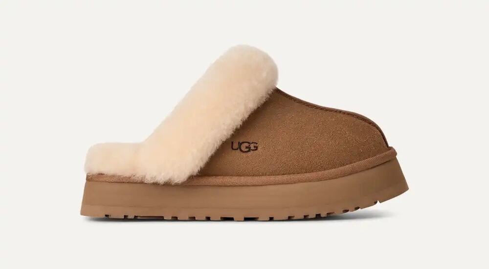 UGG Size 5 Women’s Disquette Chestnut Suede Sherpa Lined Slipper Mule $125 NWOB